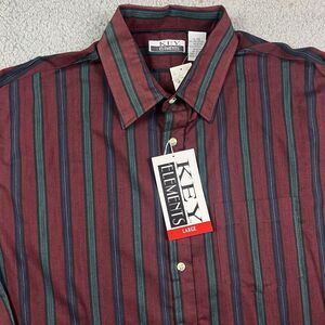Vintage Key Elements 90's Button Shirt Red Green Blue Striped Long Sleeve Lg NOS